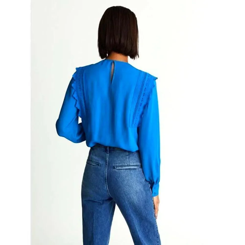 Reiss Bexley‎ Pleated Embroidered ruffle Crepe Blouse top Size 0 blue cerulian - Picture 4 of 12